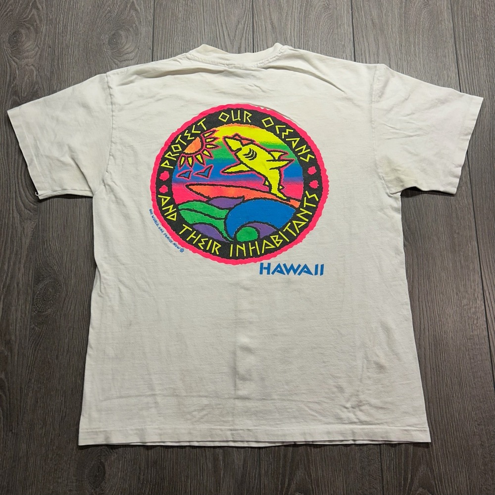 Vintage 90s Hawaii Protect Our Oceans Shark T-Shirt Large White Hanes Beefy-T